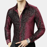 Men's slim fit shimmer shirt featuring a red to black gradient, shown in a party wear style. The shirt has long sleeves, a defined collar, and a fitted waist.