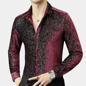 Men's slim fit shimmer shirt featuring a red to black gradient, shown in a party wear style. The shirt has long sleeves, a defined collar, and a fitted waist.