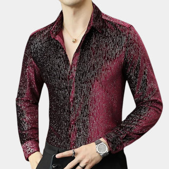 Men's slim fit shimmer shirt featuring a red to black gradient, shown in a party wear style. The shirt has long sleeves, a defined collar, and a fitted waist.