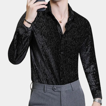 Men's slim fit shimmer shirt with a red to black gradient design, featuring long sleeves and a classic collar, suitable for party wear.