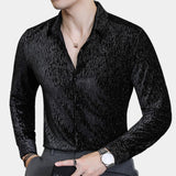 Men's slim fit shimmer shirt in a red-black gradient design, featuring long sleeves and a stylish collar, suitable for party wear.