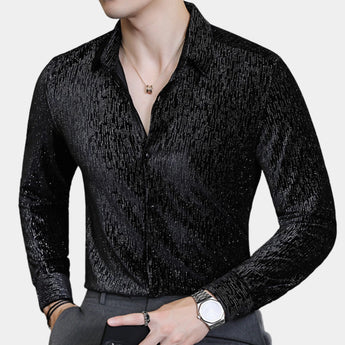 Men's slim fit shimmer shirt in a red-black gradient design, featuring long sleeves and a stylish collar, suitable for party wear.