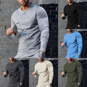 Men's slim-fit stretch cotton crew neck shirt in black, showcasing the shoulder, arm, and sleeve fit on a human model. The shirt emphasizes a casual athleisure style and comfortable wear.