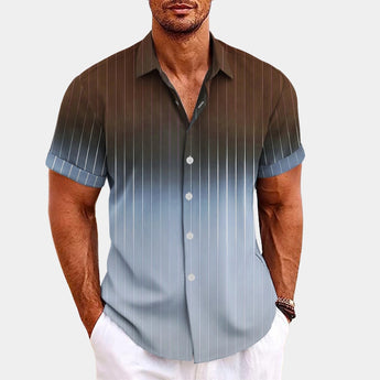 Men's slim fit striped short sleeve shirt in black and light blue, featuring a dress shirt style with a collar, suitable for summer formal wear, available in 3XL size.