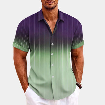 Men's slim fit short sleeve shirt in dark blue and green stripes, size 3XL, suitable for summer formal wear.