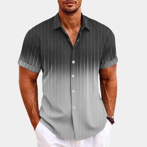 Men's slim fit striped short sleeve shirt in black and gray, featuring a formal design suitable for summer wear, shown on a model with a beard.