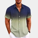 Men's slim fit striped short sleeve shirt in marine blue and olive green, showcasing a summer formal design.