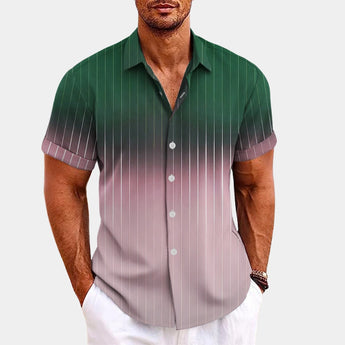 Men's slim fit short sleeve dress shirt in dark green and pink stripes, featuring a collar and worn by a model with a beard.