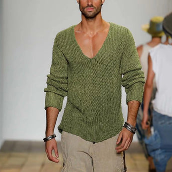 Men's slim fit V-neck thermal knit sweater in green, size XL, featuring long sleeves and worn by a person with a beard and wearing eyewear.