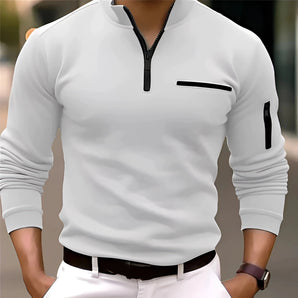 Men's slim fit white Henley shirt with zipper placket, long sleeves, and a stylish design suitable for casual or semi-formal wear.