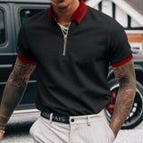 Men's black slim fit zipper polo shirt in size XL, featuring a stylish urban design suitable for golf and tennis, highlighting its fashionable and athletic appearance.
