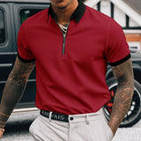 Men's red slim fit zipper polo shirt in size XL, featuring a sporty design suitable for golf and tennis, with short sleeves and a stylish urban look.
