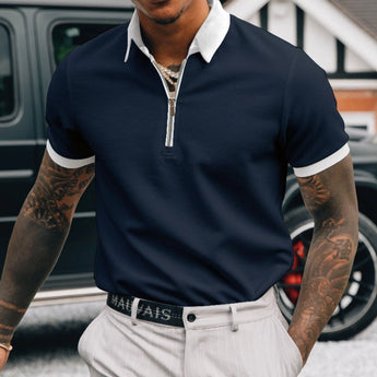 Men's marine blue slim fit zipper polo shirt in XL size, featuring a stylish design suitable for urban golf and tennis. The shirt showcases a modern cut with a zipper neckline and is modeled by a person highlighting its fit on shoulders and torso.
