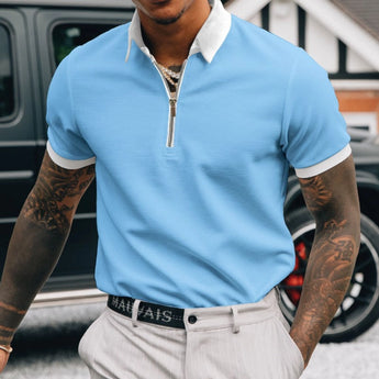 Men's slim fit zipper polo shirt in blue, size XL, featuring a stylish urban design suitable for golf and tennis. The shirt has a smooth, textured fabric with a zip-up collar and fits closely to the shoulders, exemplifying modern fashion trends.