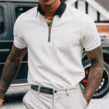 Men's white slim fit zipper polo shirt in XL size, featuring a stylish and modern design suitable for urban golf and tennis, highlighting a clean shoulder line and muscle-accentuating fit.