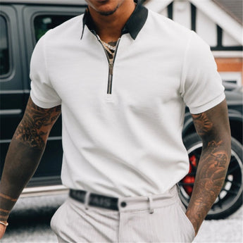 Men's white slim fit zipper polo shirt in XL size, featuring a stylish and modern design suitable for urban golf and tennis, highlighting a clean shoulder line and muscle-accentuating fit.