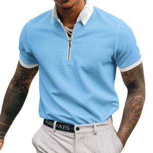 Men's slim fit zipper polo shirt in white, featuring a stylish design suitable for urban golf and tennis, showcasing a dress shirt-like appearance with jersey elements.