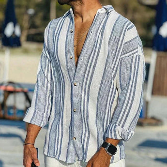 Men's blue striped linen shirt in size XL, featuring a casual lightweight design perfect for beachwear; the shirt has a classic dress shirt style with a collared neckline and button-down front.