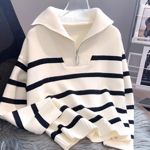 Men's Striped Quarter-Zip Ribbed Knit Sweater - Black & White