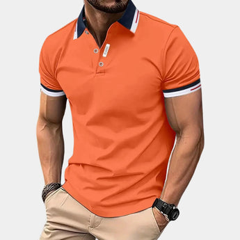 Men's stylish orange polo shirt with a contrast collar, breathable fabric, and short sleeves in XL size. The shirt is shown on a mannequin, highlighting its fit around the shoulders and waist.