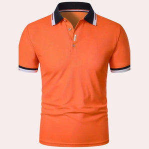 Men's orange polo shirt with a contrast collar and short sleeves, designed for breathability and style.