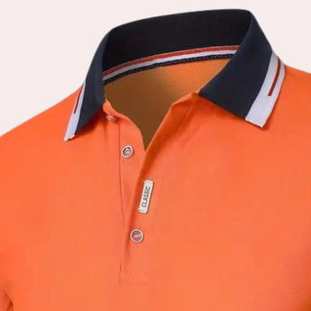 Men's orange polo shirt with a contrast collar, featuring short sleeves and a breathable fabric design.