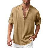 Men's stylish khaki V-neck linen shirt in size 2XL, featuring a lightweight and breathable fabric, with a fashionable design including a collar and short sleeves.