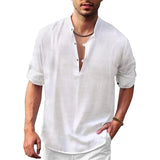 Men's V-neck linen shirt in white, size 2XL, featuring a lightweight and breathable fabric. The shirt is shown on a mannequin with focus on the shoulder, sleeve, and neck areas, highlighting its stylish and comfortable fit suitable for summer wear.