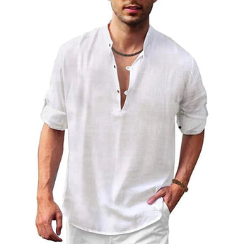 Men's V-neck linen shirt in white, size 2XL, featuring a lightweight and breathable fabric. The shirt is shown on a mannequin with focus on the shoulder, sleeve, and neck areas, highlighting its stylish and comfortable fit suitable for summer wear.