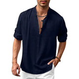 Men's stylish marine blue V-neck linen shirt in size 2XL, featuring a lightweight and breathable design with long sleeves and a comfortable fit, perfect for summer wear.