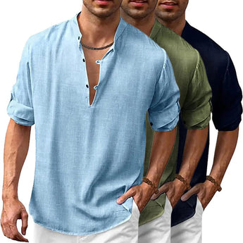 Men's stylish V-neck linen shirt with long sleeves, showcasing the shoulder and neck areas, perfect as lightweight and breathable outerwear for summer.