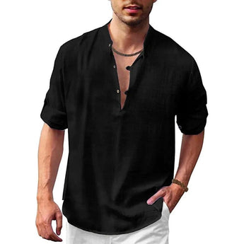 A black, 2XL men's stylish V-neck linen shirt, showcasing its lightweight and breathable fabric, with a focus on the shirt's short sleeves, collar, and overall relaxed fit ideal for summer.