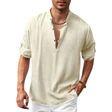 Men's cream V-neck linen shirt in size 2XL, featuring lightweight and breathable fabric, with visible details such as short sleeves and a comfortable fit around the shoulders and arms.