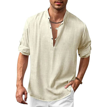 Men's cream V-neck linen shirt in size 2XL, featuring lightweight and breathable fabric, with visible details such as short sleeves and a comfortable fit around the shoulders and arms.