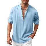 Men's stylish V-neck linen shirt in blue, size 2XL, with a lightweight and breathable design, featuring short sleeves and a relaxed, comfortable fit suitable for summer.