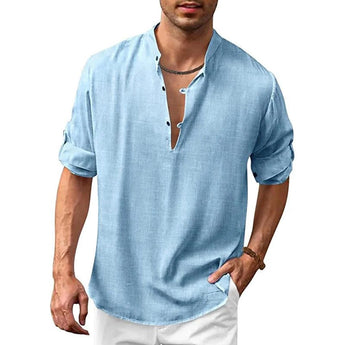 Men's stylish V-neck linen shirt in blue, size 2XL, with a lightweight and breathable design, featuring short sleeves and a relaxed, comfortable fit suitable for summer.