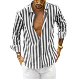 Men's casual relaxed fit long sleeve shirt with blue and white stripes, featuring a classic collar and button-up design, suitable for summer wear; shown in gray, size 3XL.