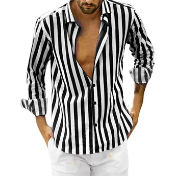 Men's casual relaxed fit long sleeve shirt with blue and white stripes, featuring a collared neckline and designed for summer wear.