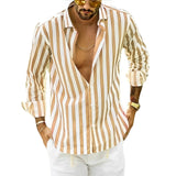 Men's casual summer shirt with blue and white stripes, featuring long sleeves and a relaxed fit, displayed in a yellow color variant, size 3XL.