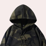 Men's green camouflage hoodie featuring a hood, long sleeves, and a front zipper, designed for outdoor activities and hunting.