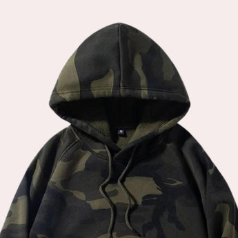 Men's green camouflage hoodie featuring a hood, long sleeves, and a front zipper, designed for outdoor activities and hunting.