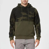 Men's green camouflage hoodie designed for tactical use, featuring a front pocket, long sleeves, and a comfortable collar, ideal for hunting and outdoor activities.