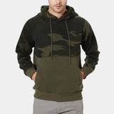 Men's green camouflage hoodie designed for tactical use featuring long sleeves, a high collar, and a comfortable fit, ideal for hunting and outdoor activities.