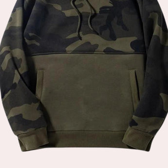Men's tactical camouflage hoodie in green camo pattern, designed for hunting and outdoor activities, featuring long sleeves and a collar.