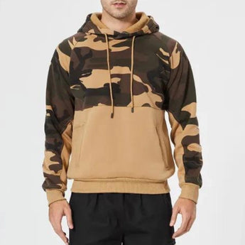 Men's tactical camouflage hoodie in green camo pattern, featuring a full sleeve design with a high collar, shown on a human model displaying the upper body and arms, suitable for hunting and outdoor activities.
