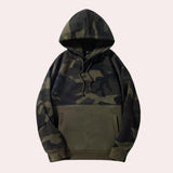 Men's green camouflage hoodie designed for hunting and outdoor activities, featuring long sleeves, a front pocket, and a hood with a camo pattern.