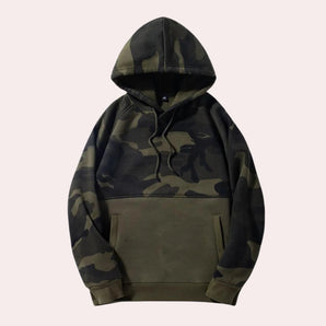 Men's green camouflage hoodie designed for hunting and outdoor activities, featuring long sleeves, a front pocket, and a hood with a camo pattern.