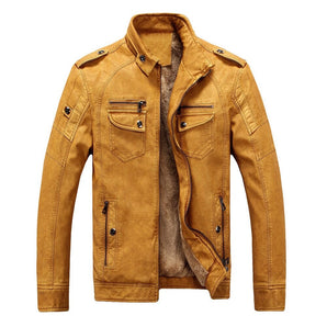 Men's tan suede leather biker jacket with a fitted vintage style, featuring a classic collar and long sleeves, displayed in a yellow hue and size 4XL.