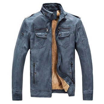 Men's fitted suede biker jacket in tan leather with vintage style, featuring long sleeves, a prominent collar, multiple buttons, and pockets, available in a blue 4XL variant.