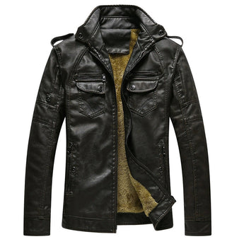 Men's black leather biker jacket featuring a fitted style, long sleeves, and a classic collar design.